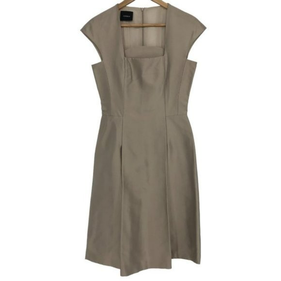 AKRIS Tan Beige Square Neck Silk structured professional flared dress size 4 - Picture 2 of 7